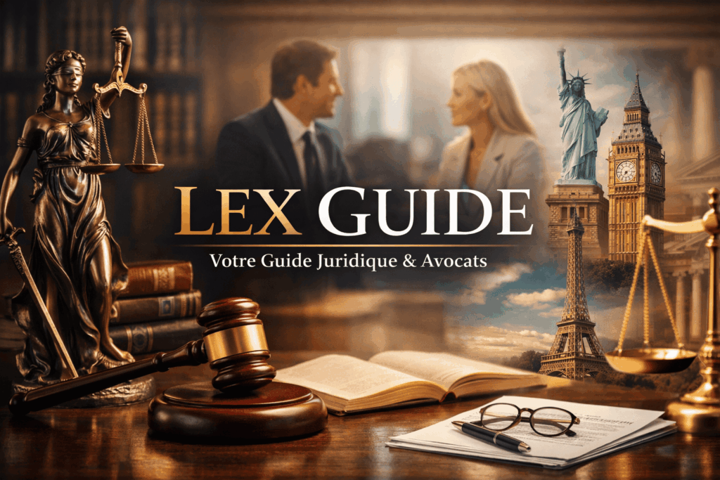 Lex Guide avocat conseil juridique - trouver un avocat en France et à l’international, guide juridique avec statue de justice, livre de droit et cabinet d’avocat